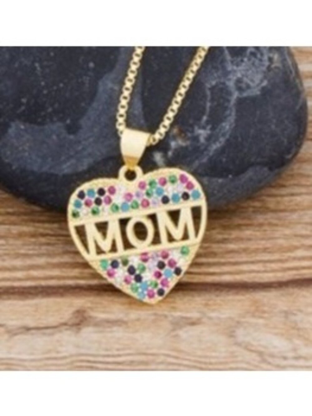 Gold CZ Heart Mom Necklace - Gold Plated Copper & Austrian Crystals